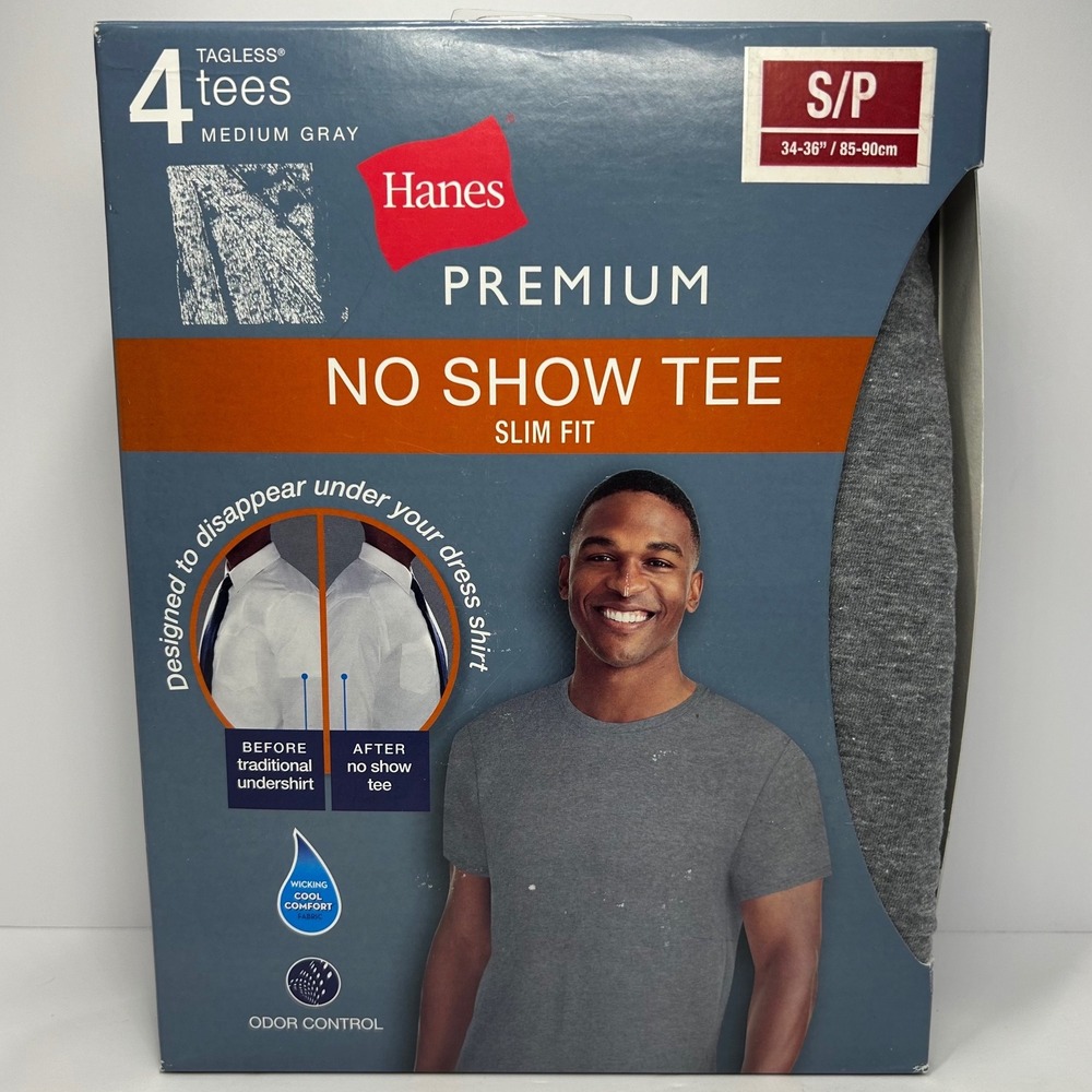 Hanes Premium 4 Pack No Show Tee Slim Fit Medium Gray Mens Size Small New